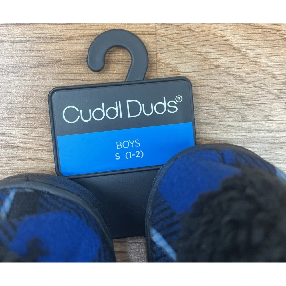 Cuddl Duds Youth Boys Slippers Size Small (1-2) Blue/Black Plaid NEW